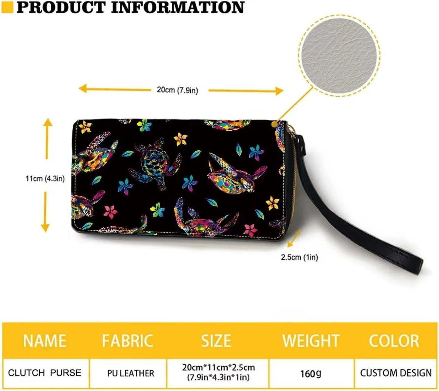 Black Flower Turtle Long Wallet for Women PU Leather Zip Around Clutch Bag Credit Card Holder Purse