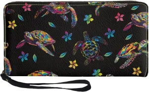 Black Flower Turtle Long Wallet for Women PU Leather Zip Around Clutch Bag Credit Card Holder Purse