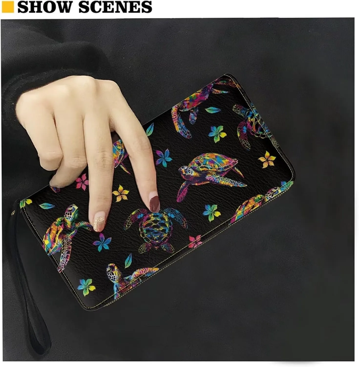 Black Flower Turtle Long Wallet for Women PU Leather Zip Around Clutch Bag Credit Card Holder Purse