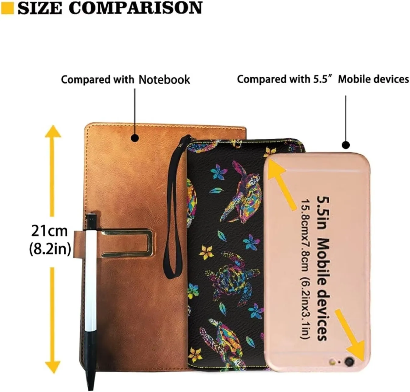 Black Flower Turtle Long Wallet for Women PU Leather Zip Around Clutch Bag Credit Card Holder Purse