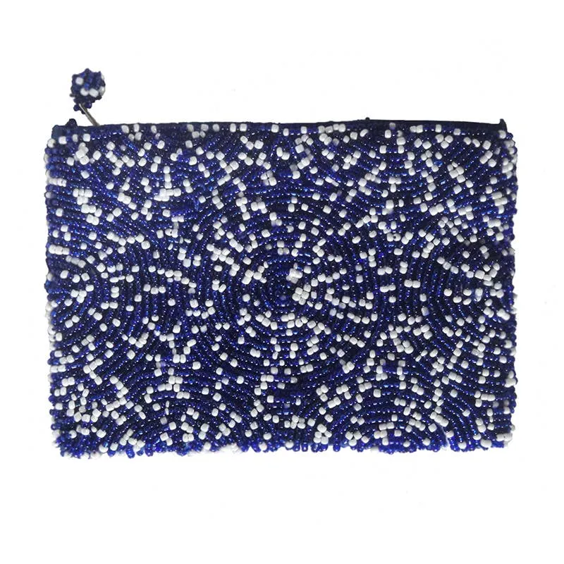 Blue and White Confetti Beaded Coin Purse