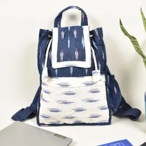 Blue and white ikat backpack laptop bag