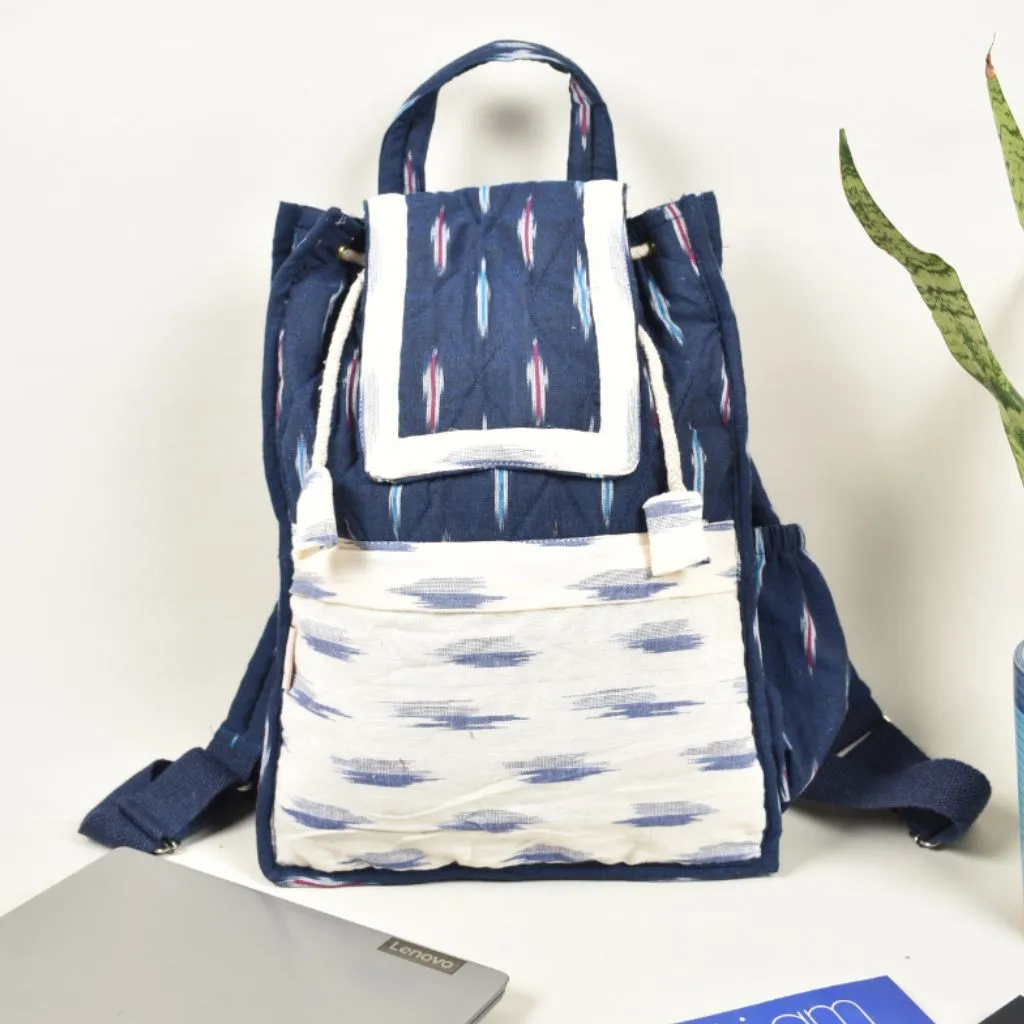 Blue and white ikat backpack laptop bag