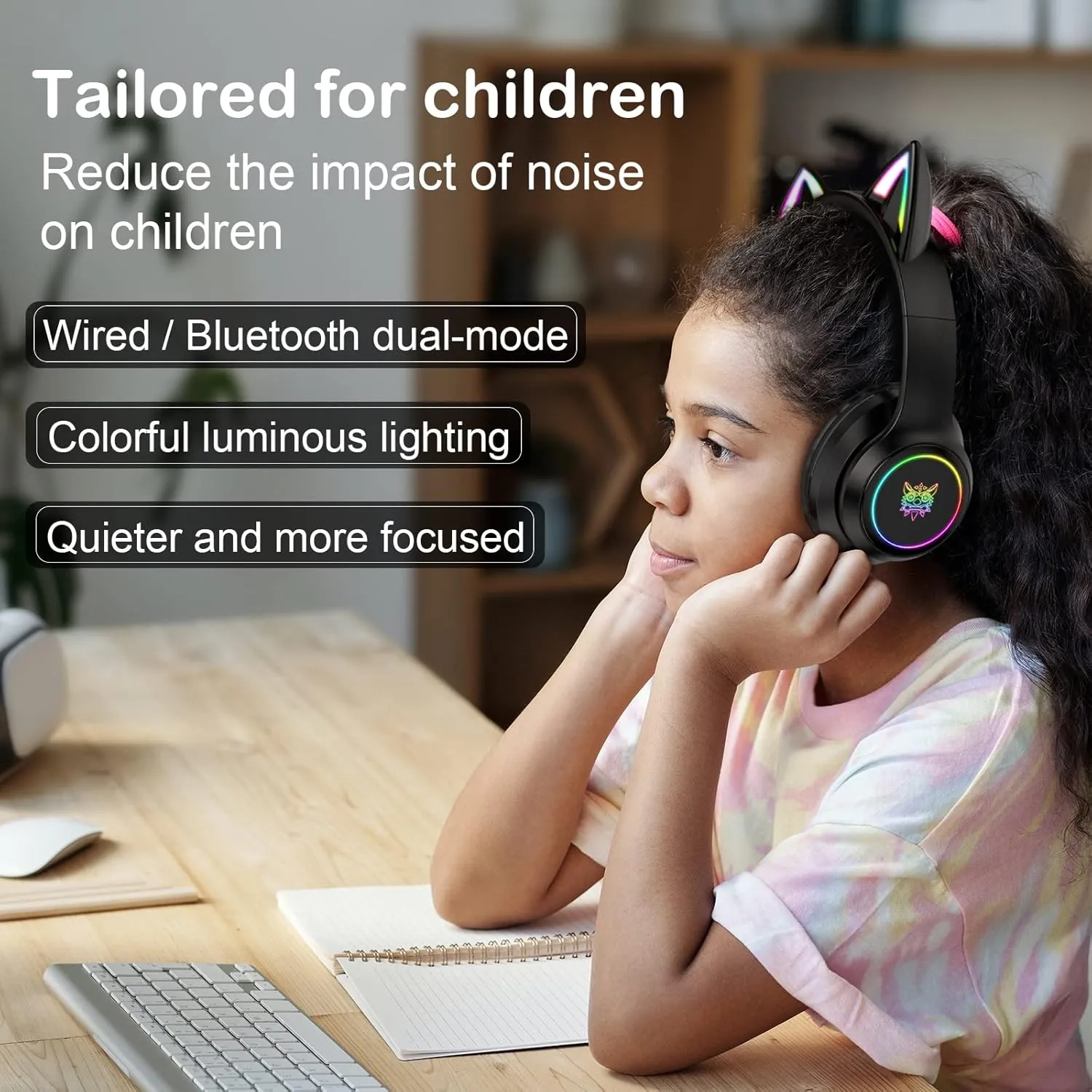 Bluetooth Cat Ear Headphones for Kids & Adults, Wireless & Wired Mode Foldable Headset with Mic - Clear Sound Quality - RGB LED Light, for Girls School Gaming, for Phone/Laptop/PC/Tablet, Black