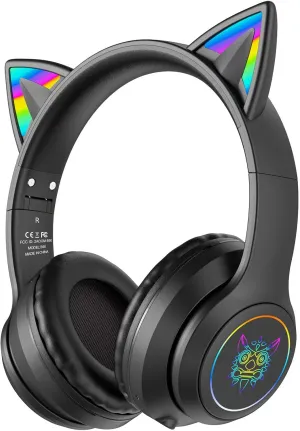 Bluetooth Cat Ear Headphones for Kids & Adults, Wireless & Wired Mode Foldable Headset with Mic - Clear Sound Quality - RGB LED Light, for Girls School Gaming, for Phone/Laptop/PC/Tablet, Black