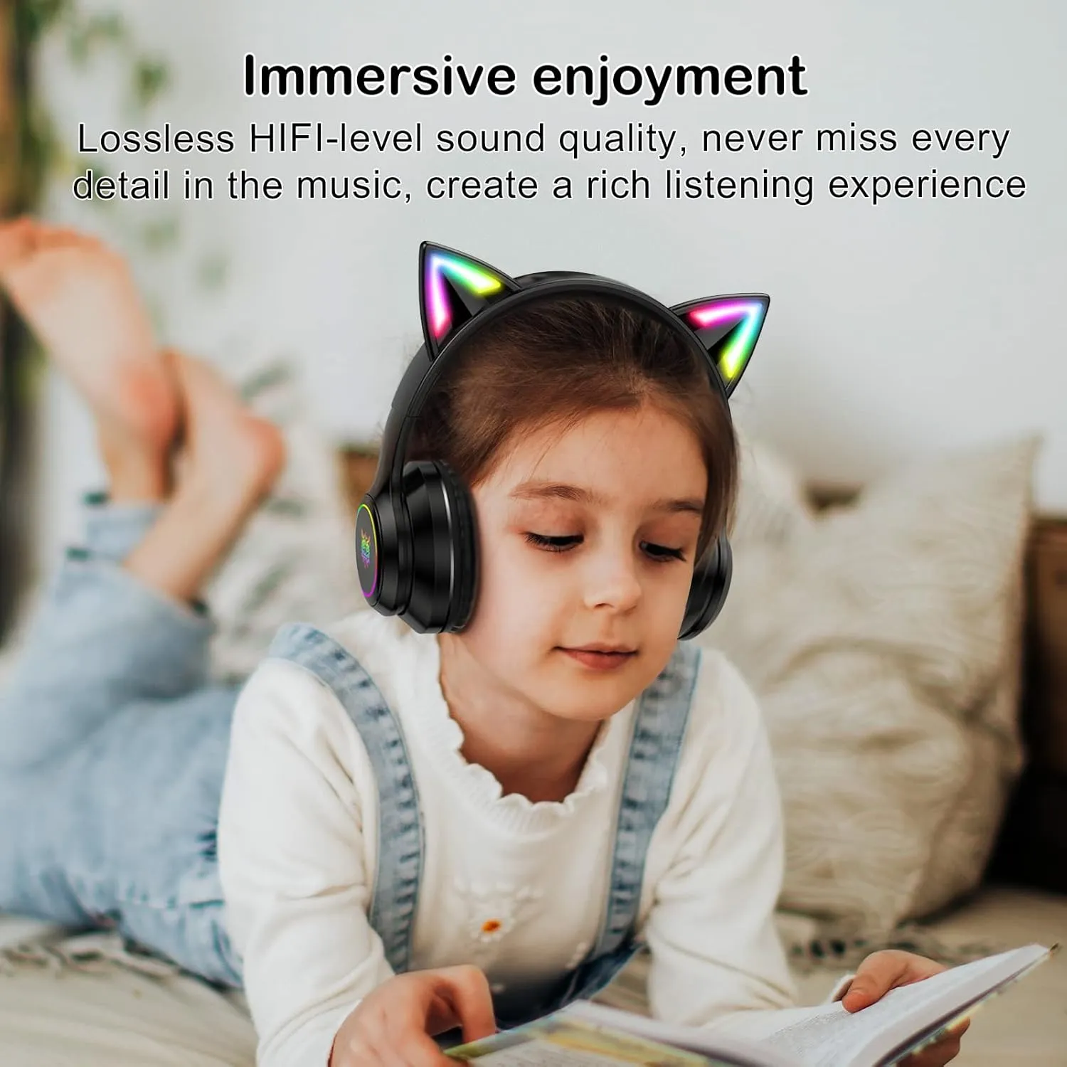 Bluetooth Cat Ear Headphones for Kids & Adults, Wireless & Wired Mode Foldable Headset with Mic - Clear Sound Quality - RGB LED Light, for Girls School Gaming, for Phone/Laptop/PC/Tablet, Black