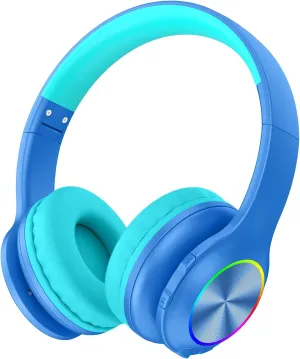 Bluetooth Kids Headphones Fit for Aged 3-21, Colorful LED Lights Comfort Wireless Headphones with Microphone 94dB Volume Limited for School/iPad/PC/TV/Cellphones, Wired & TF Card Mode,Blue