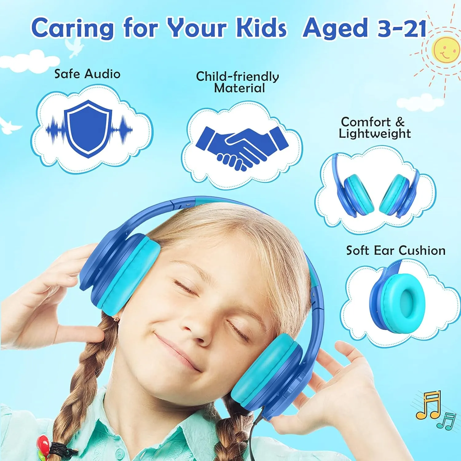 Bluetooth Kids Headphones Fit for Aged 3-21, Colorful LED Lights Comfort Wireless Headphones with Microphone 94dB Volume Limited for School/iPad/PC/TV/Cellphones, Wired & TF Card Mode,Blue
