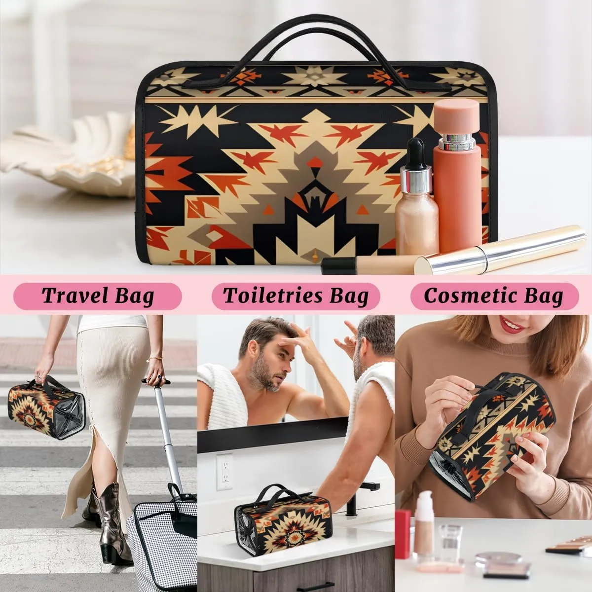 Boho Foldable Toiletry Bag with Detachable Removable Pouches Hanging 4 in 1 Roll Up Large Makeup Toiletry Organizer Storage Bag with Handle
