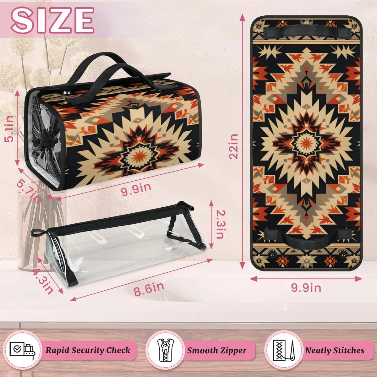 Boho Foldable Toiletry Bag with Detachable Removable Pouches Hanging 4 in 1 Roll Up Large Makeup Toiletry Organizer Storage Bag with Handle