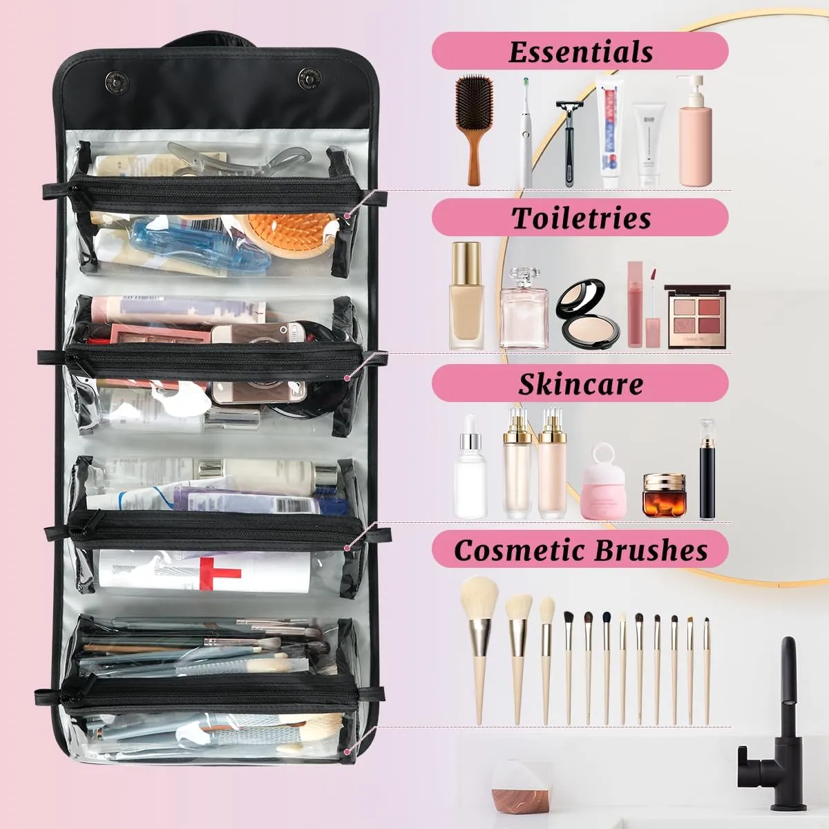 Boho Foldable Toiletry Bag with Detachable Removable Pouches Hanging 4 in 1 Roll Up Large Makeup Toiletry Organizer Storage Bag with Handle