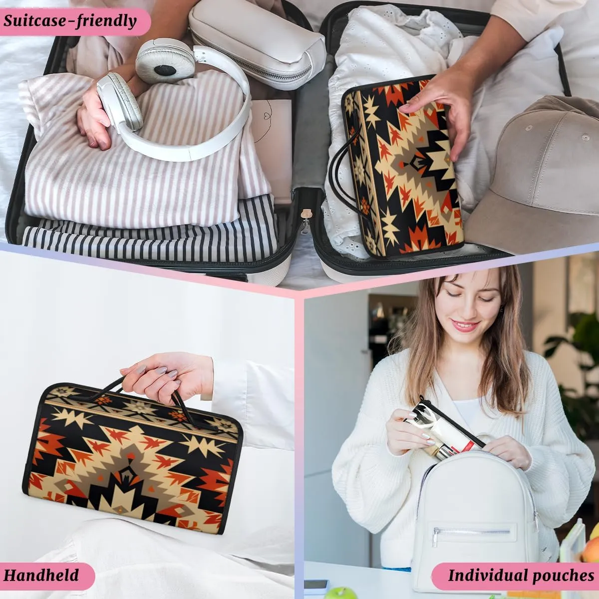 Boho Foldable Toiletry Bag with Detachable Removable Pouches Hanging 4 in 1 Roll Up Large Makeup Toiletry Organizer Storage Bag with Handle