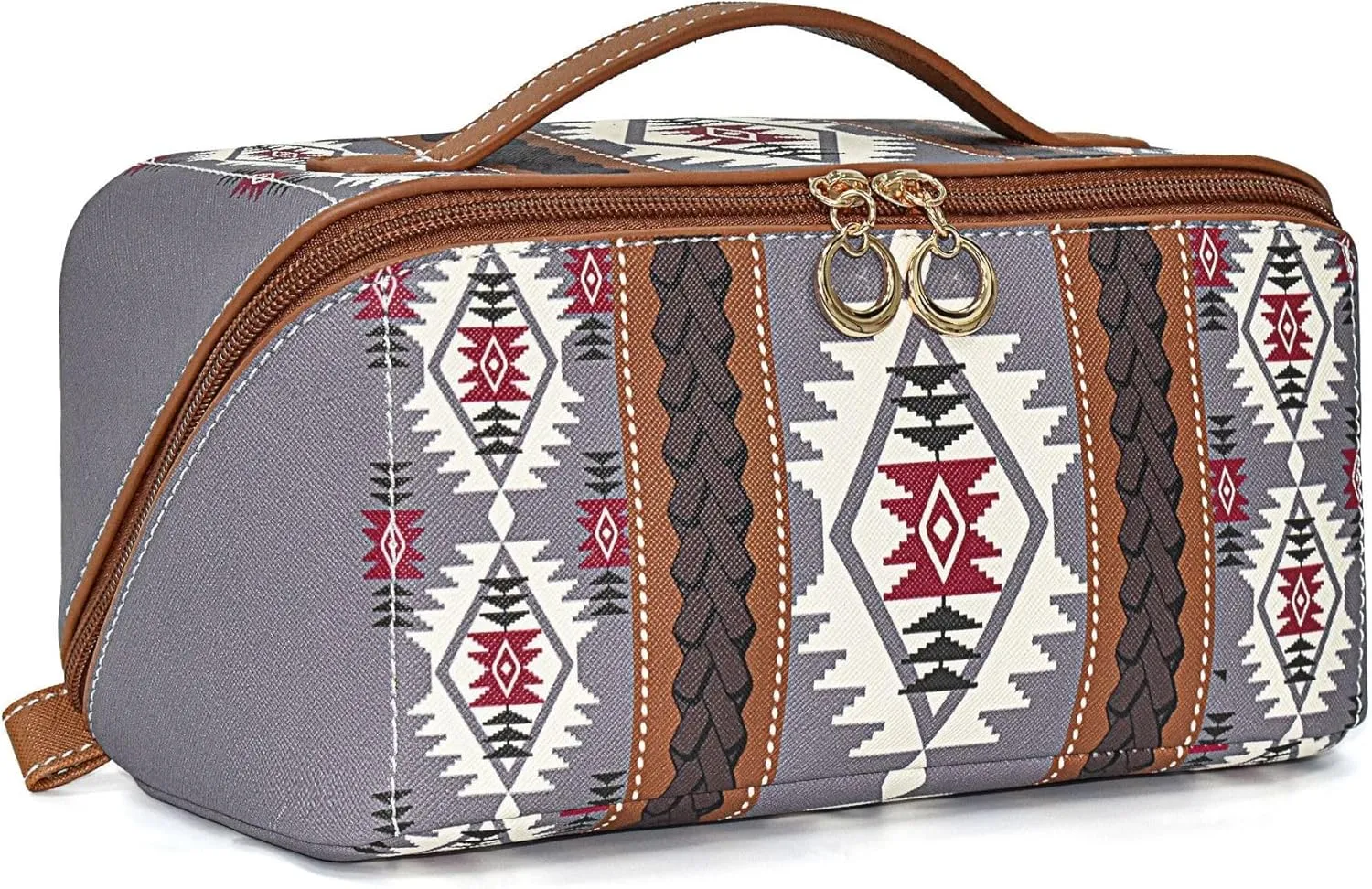 Boho Western Makeup Bag for Women Aztec Waterproof Travel Cosmetic Organizer Spacious PU Leather Toiletry Bag with Tribal Print for Everyday Use and Weekend Trips