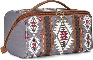 Boho Western Makeup Bag for Women Aztec Waterproof Travel Cosmetic Organizer Spacious PU Leather Toiletry Bag with Tribal Print for Everyday Use and Weekend Trips
