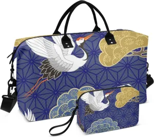 Bolaz Duffle Bag for Travel-Crane Vintage Printing，Weekender Overnight Bag with Wet Pocket for Women，Large Carry On Airport Bag with Toiletry Bag for Travel, Business Trips, Sports