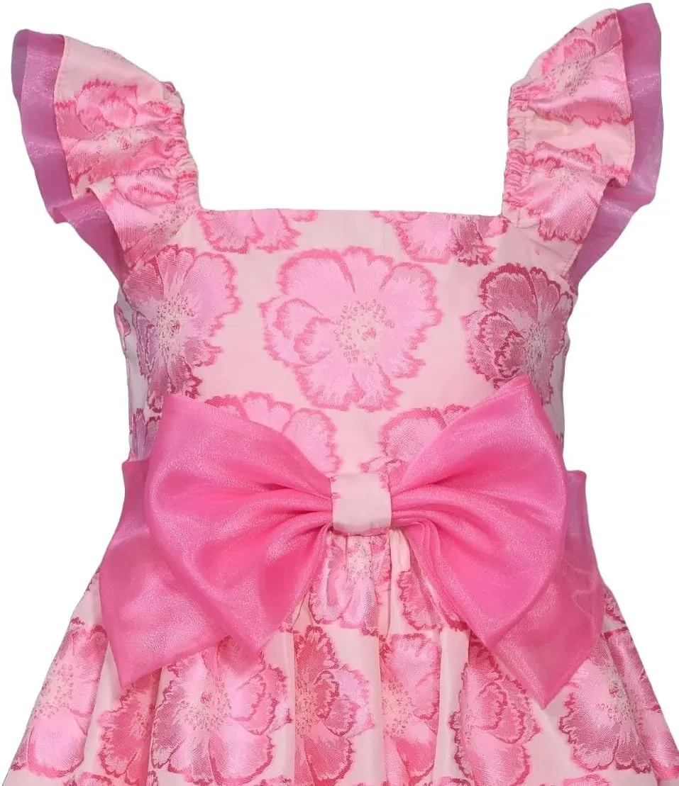 Bonnie Jean Girls 3M-16 Pink Floral Jacquard Organza Bow Front Dress