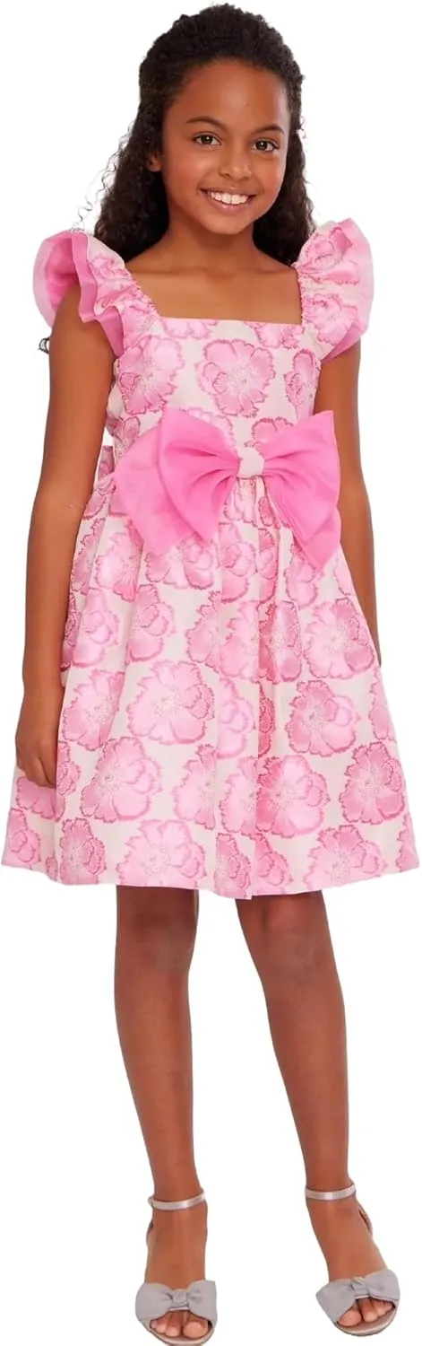 Bonnie Jean Girls 3M-16 Pink Floral Jacquard Organza Bow Front Dress