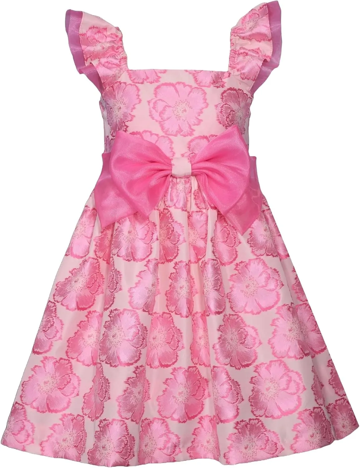 Bonnie Jean Girls 3M-16 Pink Floral Jacquard Organza Bow Front Dress