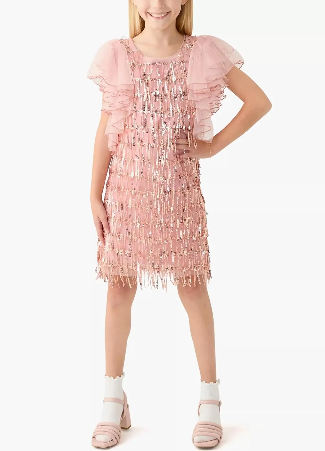 Bonnie Jean Girls Size 7-16 Dangling Sequins Chiffon Sleeve Dress
