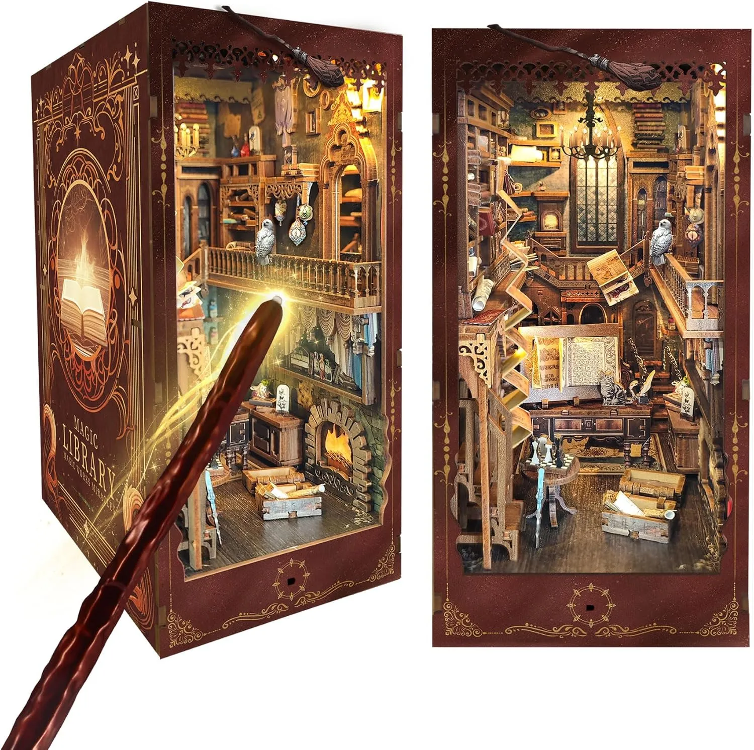Book Nook Kit w/Remote Wand, DIY Dollhouse Booknook Magic 3D Bookshelf Insert Decor Craft Building Set Gift for Teens Adults as Halloween Christmas Day Gift - Magic Library-Brown