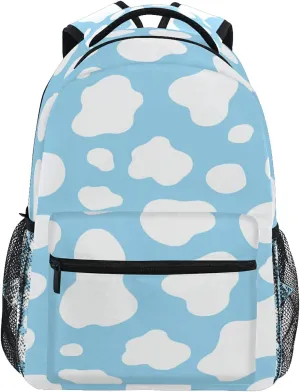 Bookbags Laptop Backpack for High School Adult Men White Blue Cow Spot Print Travel College Teens Student Casual Shoulder Daypack 16x11.4x6.9in