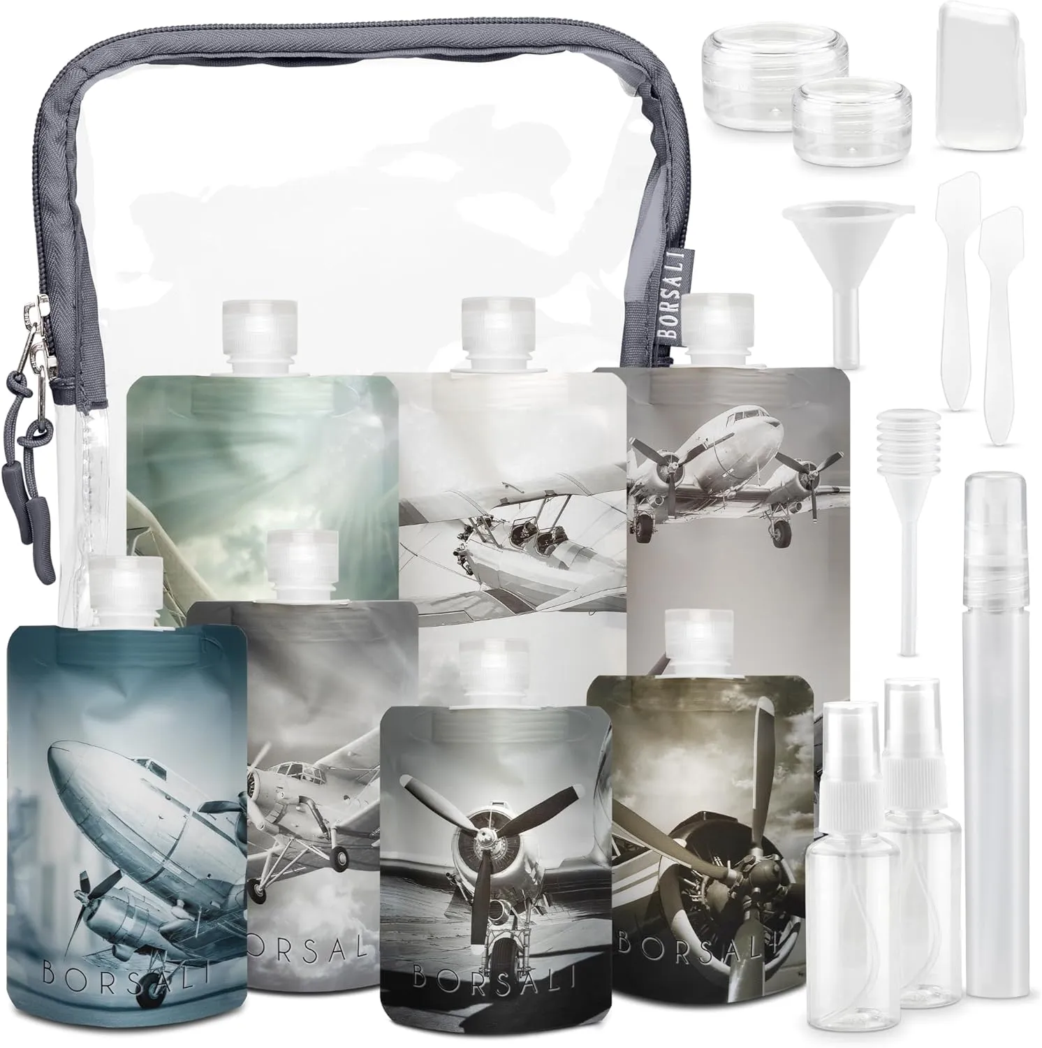 BORSALI Travel Bottles for Toiletries, TSA Approved 3oz Travel Size Containers for Liquids, Flat Refillable Empty Squeeze Pouches for Shampoo & Conditioner, 18 Piece Set with TSA Approved Bag
