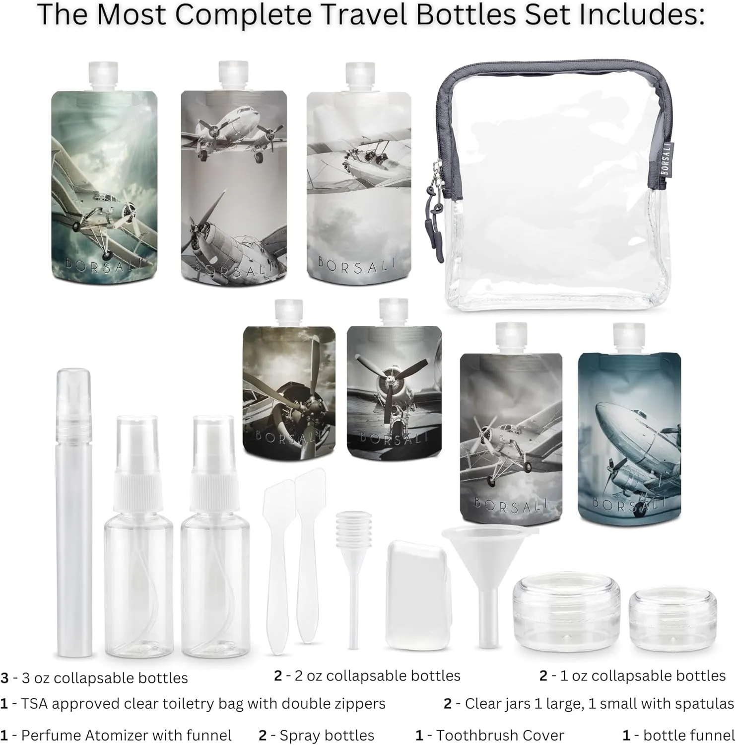 BORSALI Travel Bottles for Toiletries, TSA Approved 3oz Travel Size Containers for Liquids, Flat Refillable Empty Squeeze Pouches for Shampoo & Conditioner, 18 Piece Set with TSA Approved Bag
