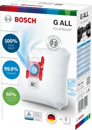 Bosch 4x Vacuum Cleaner Bags PowerProtect Type G ALL BBZ41FGALL, 99.9% Fine Dust Filtering, 50% Longer Service Life, Suitable for All Current Series Except BSG8, BSN1