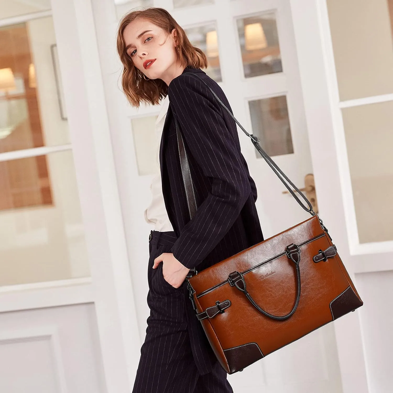 BOSTANTEN Briefcase for Women Leather Laptop Bag 15.6 inch Computer Messenger Office Business Work Tote