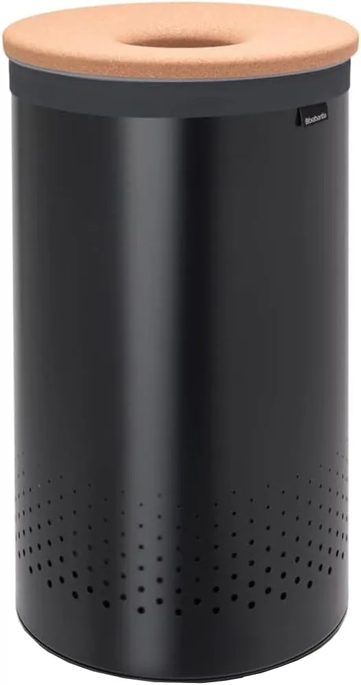 Brabantia - Laundry Hamper - with Cork Lid - Ventilation Holes - Corrosion Resistant Materials - Hygienic - Discrete - Laundry Basket - Bathroom - with Small Hole - Matt Black - 16 Gal