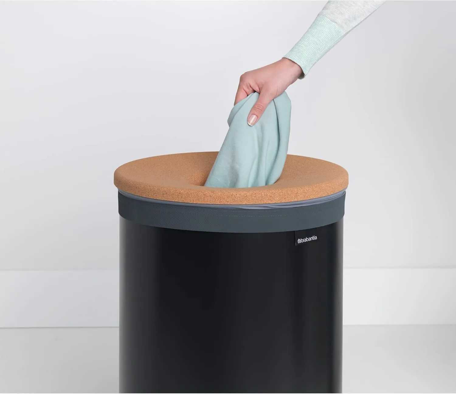 Brabantia - Laundry Hamper - with Cork Lid - Ventilation Holes - Corrosion Resistant Materials - Hygienic - Discrete - Laundry Basket - Bathroom - with Small Hole - Matt Black - 16 Gal