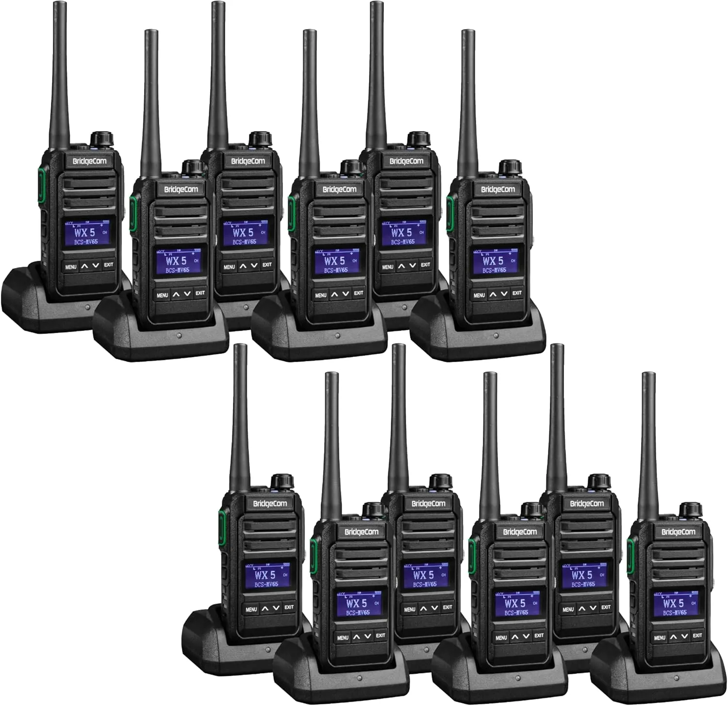 BridgeCom MV-65 Rugged Waterproof Heavy Duty Metal-Frame Walkie Talkie, VHF Long Range, Rechargable Long Lasting Battery, Crisp Clear Audio, Construction, School, Business, Retail, Hunting, (12-Pack)