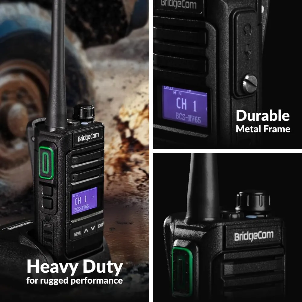 BridgeCom MV-65 Rugged Waterproof Heavy Duty Metal-Frame Walkie Talkie, VHF Long Range, Rechargable Long Lasting Battery, Crisp Clear Audio, Construction, School, Business, Retail, Hunting, (12-Pack)
