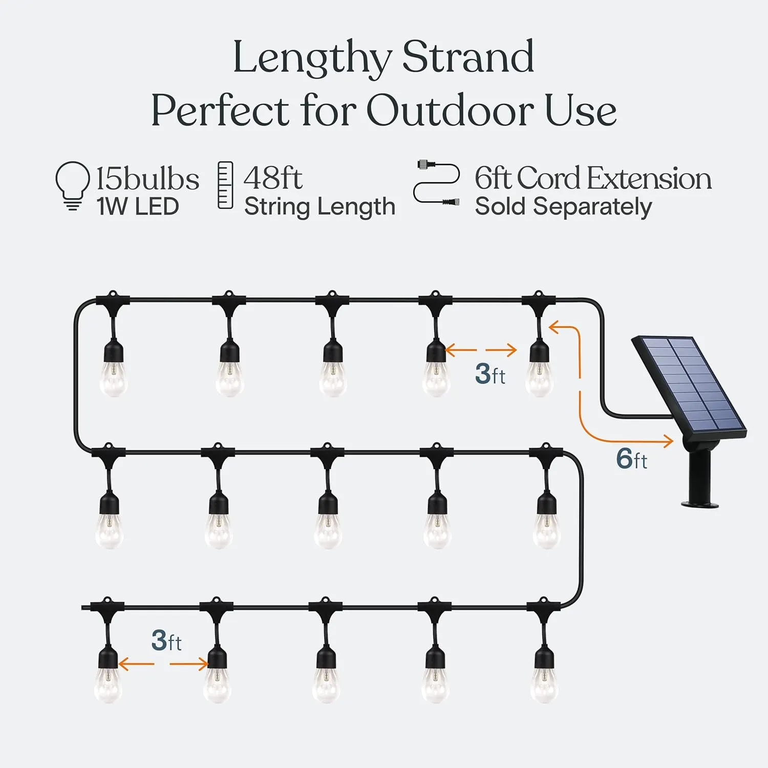 Brightech Ambience Pro Solar Powered Outdoor String Lights, 48 ft Commercial Grade Waterproof Patio Lights, 15 Edison Bulbs, Shatterproof LED String Lights for Outside, Porch - 1W Warm White