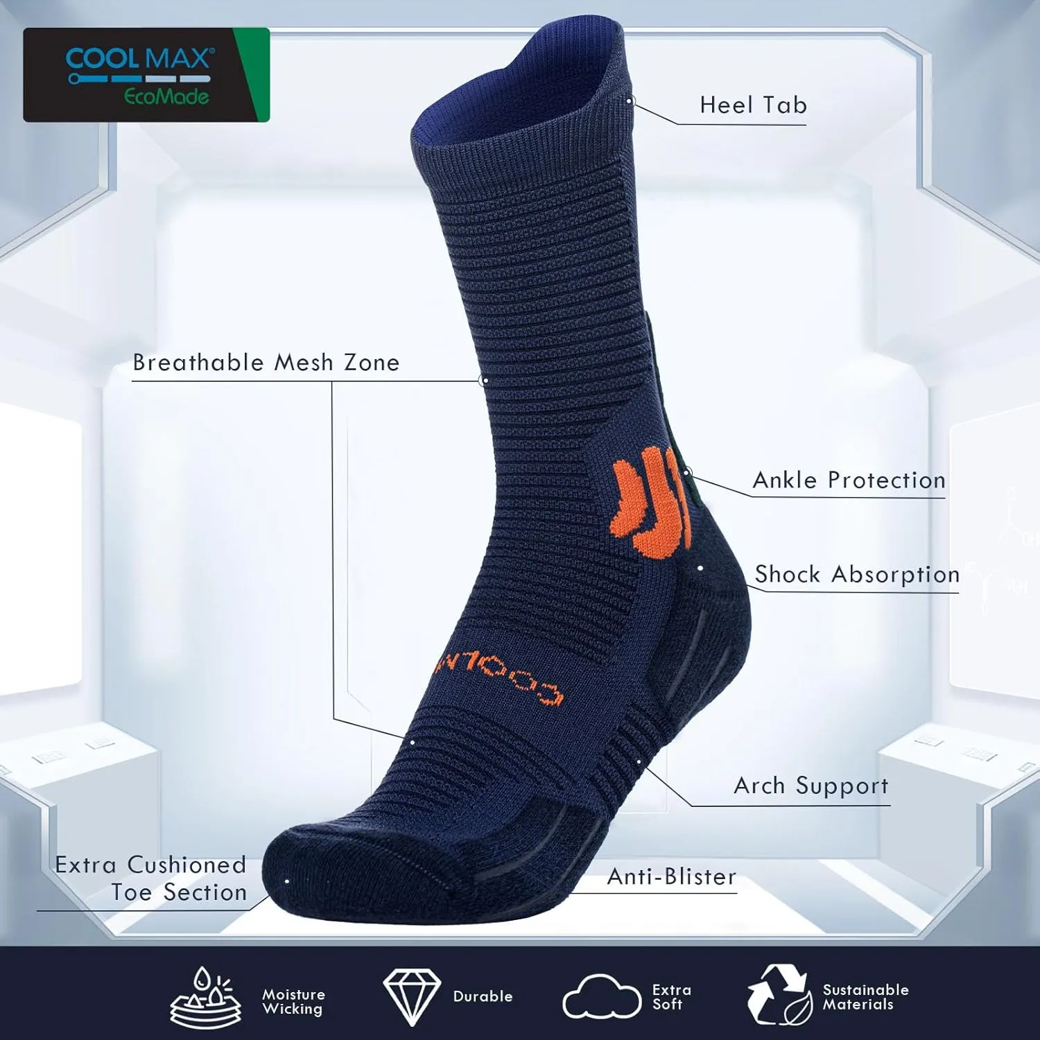 BRISIRA Coolmax Bamboo Viscose Compression Anti Blister Hiking Socks Crew Mid Calf Moisture Wicking Anti Odor Tennis Cushion
