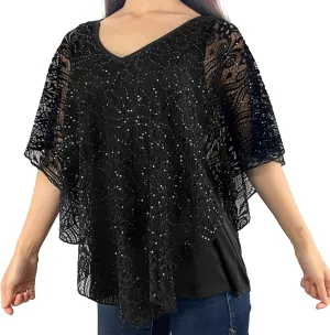Brittany Black Women’s V-Neck 3/4 Sleeve Lace Poncho Floral Print Knit Blouse