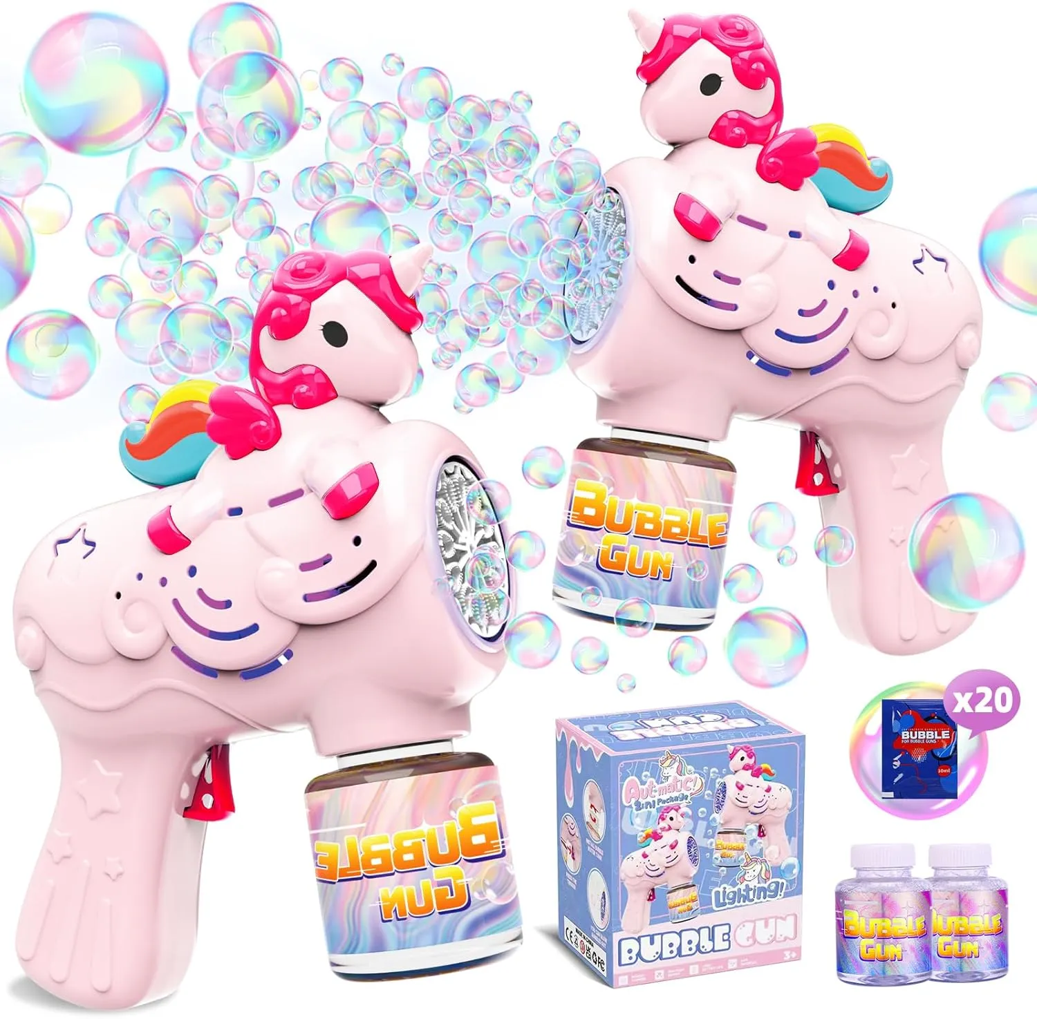 Bubble Gun for Kids with 2 Bottles Refill Solution, 2 Pack Unicorn Bubble Machine Guns for Kid Grils Toddlers 3-8 Bubble Blower Maker Toy for Kids Summer Outdoor Party Garden Toys