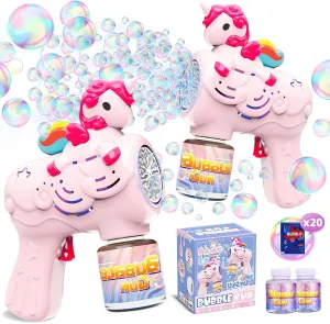 Bubble Gun for Kids with 2 Bottles Refill Solution, 2 Pack Unicorn Bubble Machine Guns for Kid Grils Toddlers 3-8 Bubble Blower Maker Toy for Kids Summer Outdoor Party Garden Toys