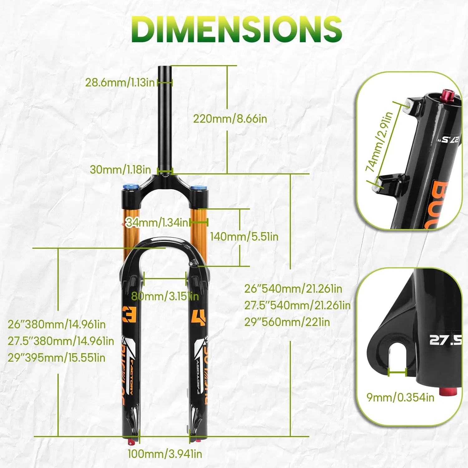 BUCKLOS 26/27.5/29 inch Travel 140mm MTB Air Suspension Fork, Rebound Adjustment 34mm Stanchions 1-1/8" Threadless Straight/Tapered 9*100mm QR Manual/Remote Lockout XC AM Mountain Bicycle Front Forks