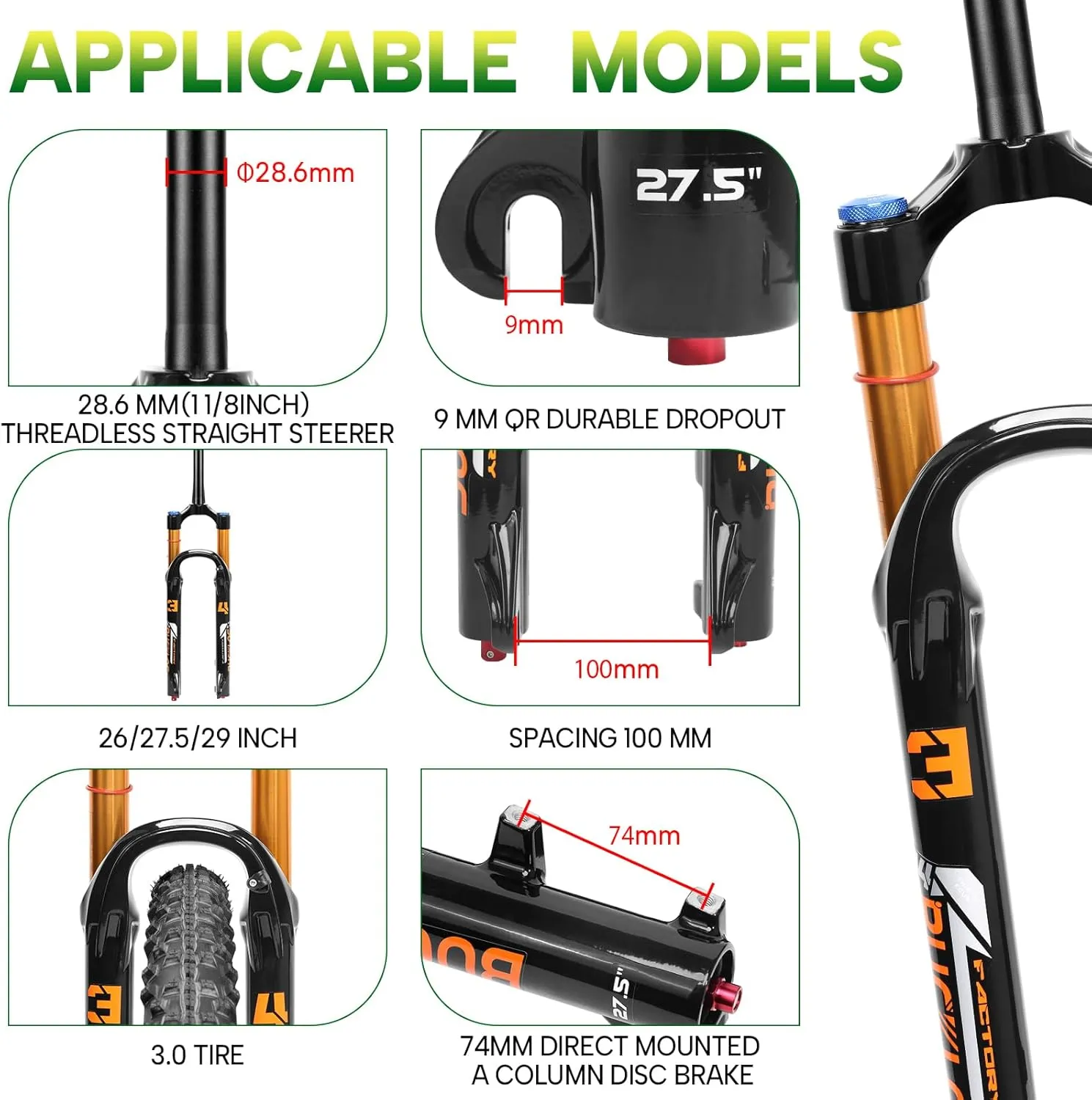 BUCKLOS 26/27.5/29 inch Travel 140mm MTB Air Suspension Fork, Rebound Adjustment 34mm Stanchions 1-1/8" Threadless Straight/Tapered 9*100mm QR Manual/Remote Lockout XC AM Mountain Bicycle Front Forks