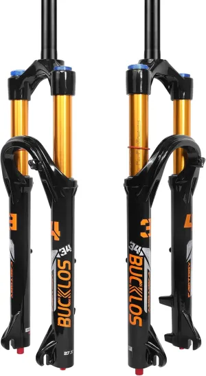 BUCKLOS 26/27.5/29 inch Travel 140mm MTB Air Suspension Fork, Rebound Adjustment 34mm Stanchions 1-1/8" Threadless Straight/Tapered 9*100mm QR Manual/Remote Lockout XC AM Mountain Bicycle Front Forks