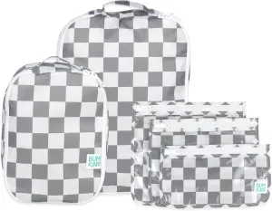 Bumkins Packing Cubes and TSA Approved Pouches for Travel Bag, Organize Luggage with Compression Bag, Essential Traveling Accessories to Pack Clothes, Toiletries Carry On Suitcase, 5-pc Gray Check