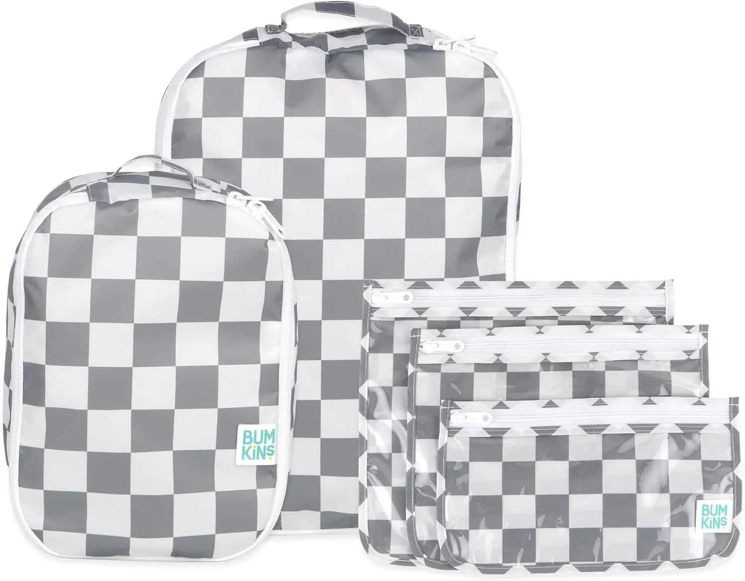 Bumkins Packing Cubes and TSA Approved Pouches for Travel Bag, Organize Luggage with Compression Bag, Essential Traveling Accessories to Pack Clothes, Toiletries Carry On Suitcase, 5-pc Gray Check