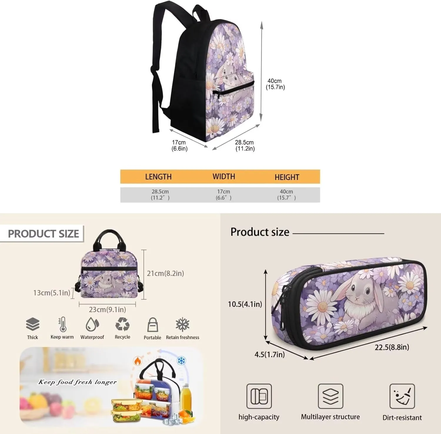 Bunny Kids Small Backpack for 5-7 Year Old Boy Elementary Middle School Bag Set of 3 17Inch Bookbags Lunch Bag Set for Your Daily Use,Like Go To School,Hold Books,Short Trip