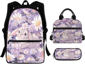 Bunny Kids Small Backpack for 5-7 Year Old Boy Elementary Middle School Bag Set of 3 17Inch Bookbags Lunch Bag Set for Your Daily Use,Like Go To School,Hold Books,Short Trip