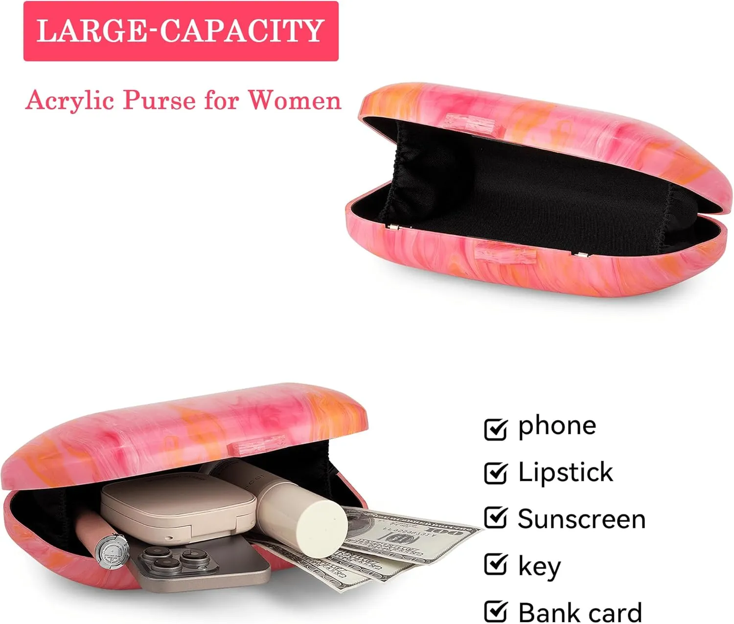 Buric Acrylic Clutch Purse for Women Marbling Evening Wedding Handbags Acrylic Shell Box Purses for Party Prom Cocktail