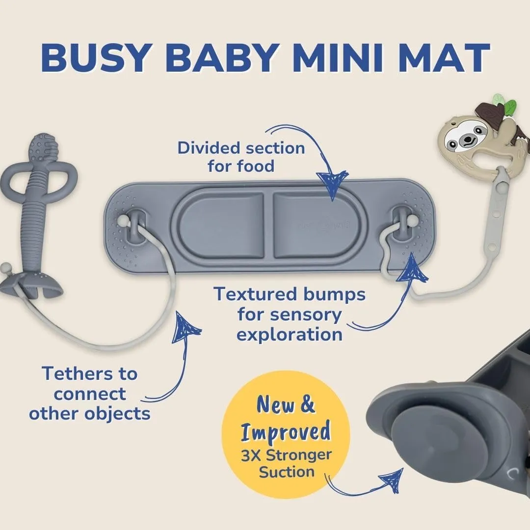 BUSY BABY Silicone Mini Mat - New and Improved Suction Cups, 2 Straps to Secure Baby Essentials, Self Feeding, Baby Led Weaning, Travel Wet Bag Included (Tan Mini)