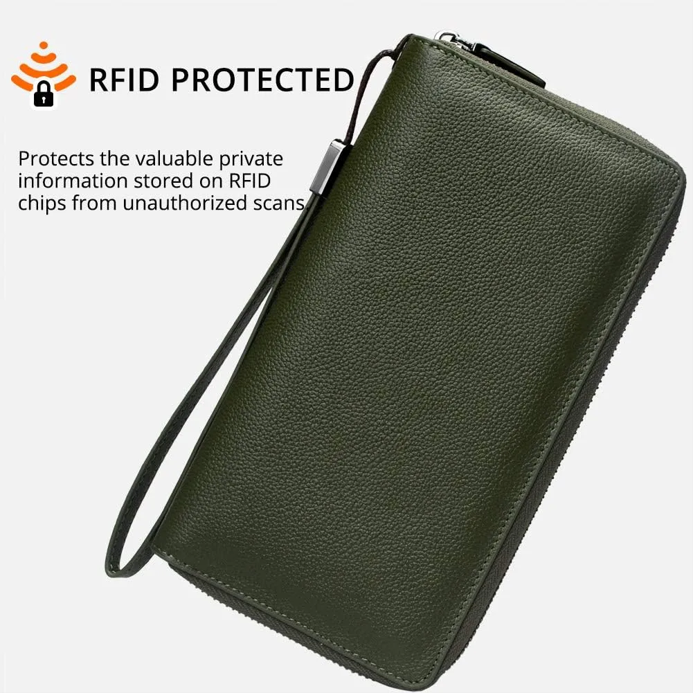 Bveyzi Women RFID Blocking Wallet Leather Zip Around Phone Clutch Large Capacity Ladies Travel Purse Wristlet