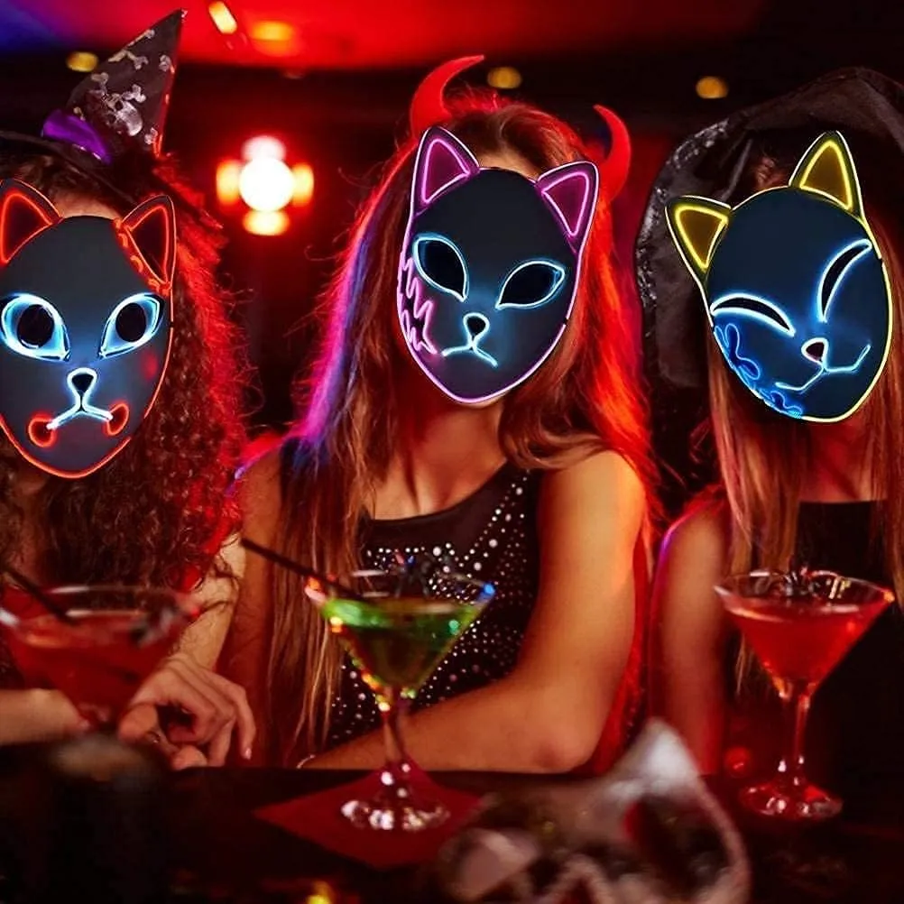 CAFELE 3Pcs Demon Led Slayers Fox Mask Halloween Mask Japanese Anime Cosplay Glowing Masks for Masquerade Festival Party
