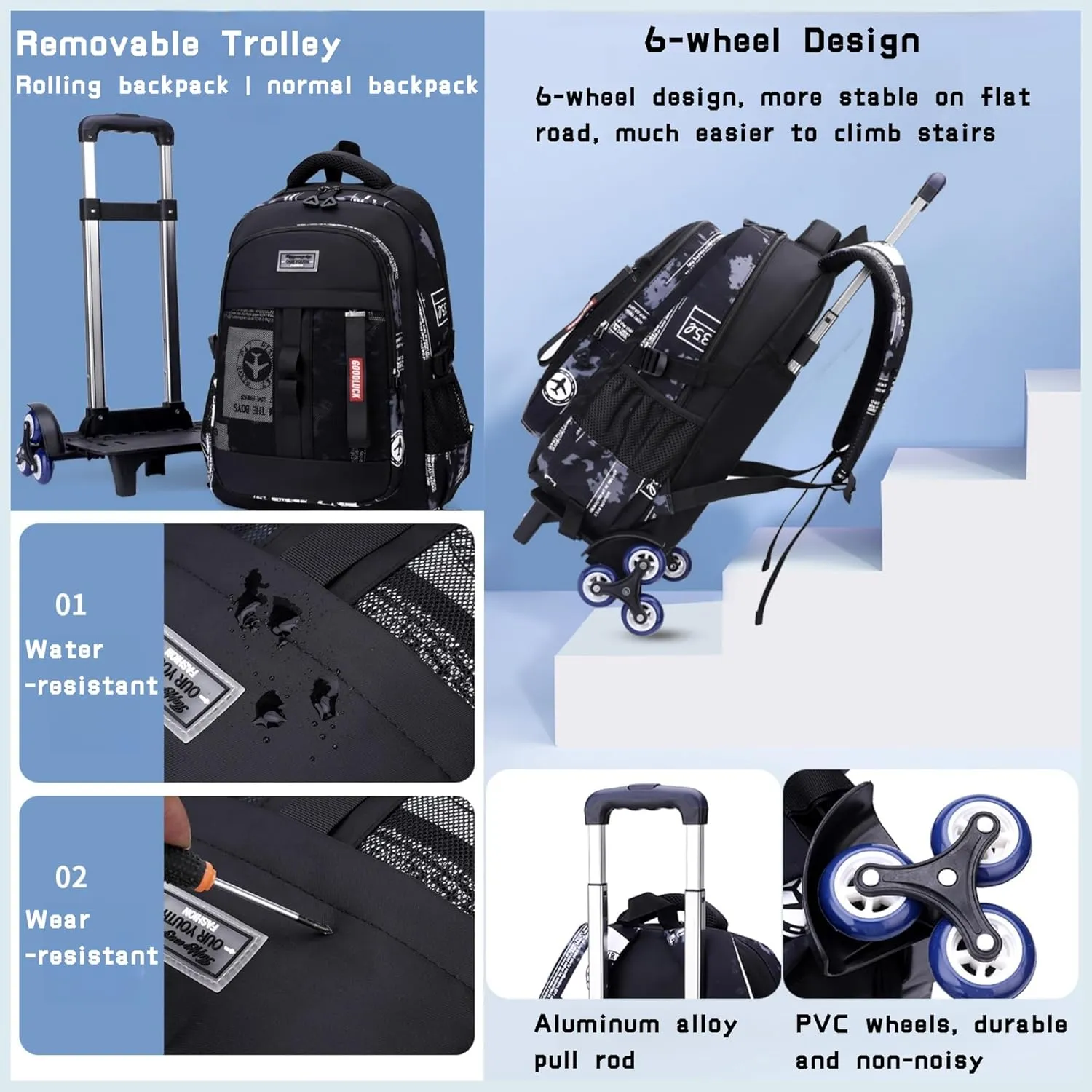 Camo Boys Rolling Backpacks for Kids School, Capacity Wheeled Bookbags Elementary School Bags Back Packs with 6 Wheels